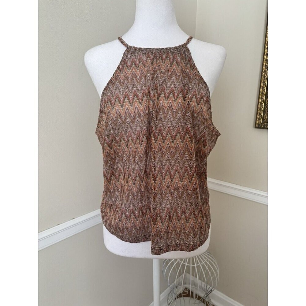 NWT Eloquii Womens Size 24 Halter Top Brown Chevron Sheer Cropped